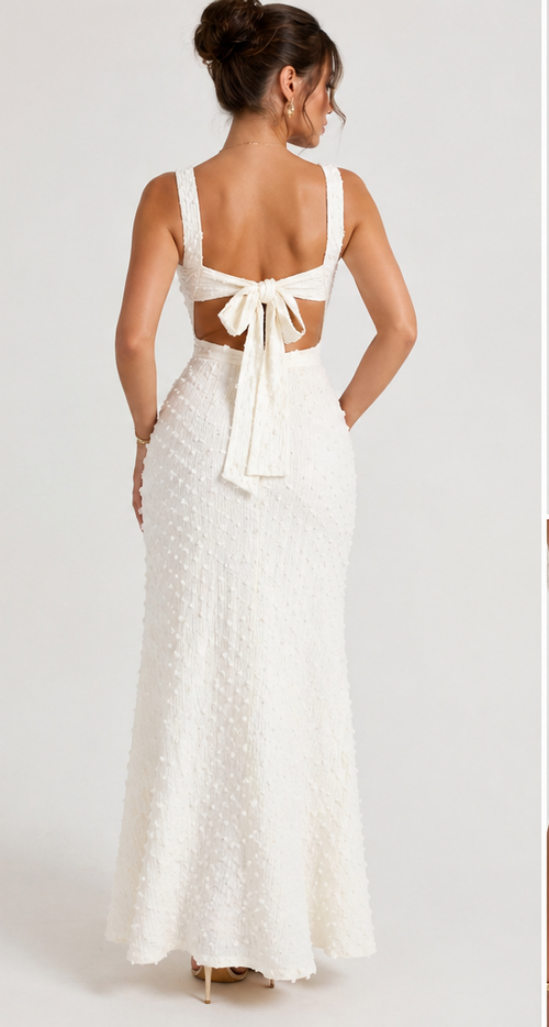 Robe Élégance Texturée – Dos Noué & Fente Sensuelle